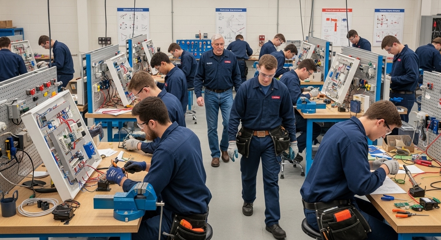 Обучение на специализированных курсах, практические занятия молодые люди 20 лет учатся на электриков.