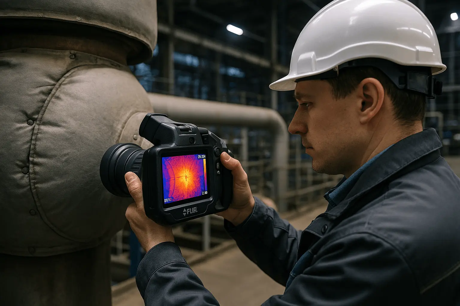 Инженер проводит тепловизионное обследование котлоагрегата ТЭЦ